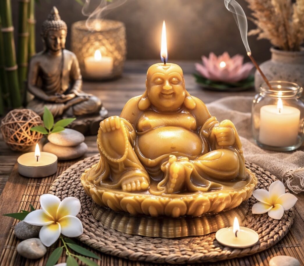 Bouddha rieur assis sur une fleur de lotus (Joie & Abondance)